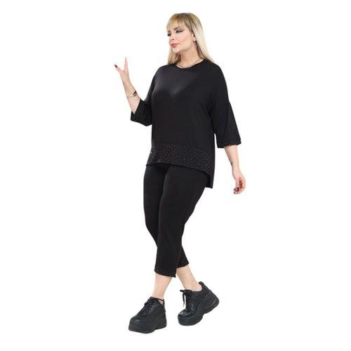 Melsay Butik Siyah Taş Baskı Şeritli Büyük Beden Kadın Kapri Takımı