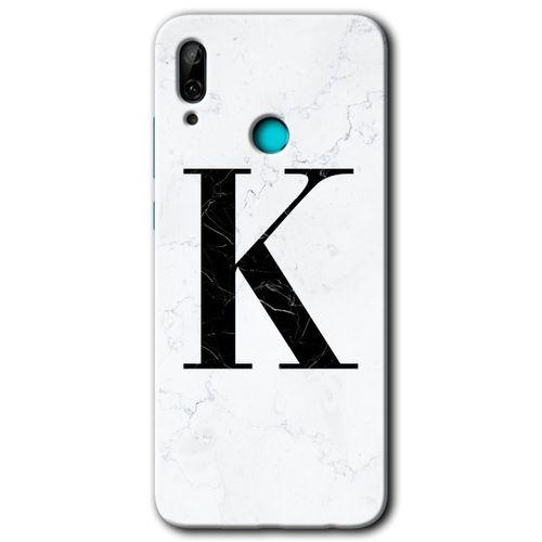 MRCİLETİSİM Huawei P smart 2019 Kılıf HD Desen Baskılı Arka Kapak + Temperli Cam - Beyaz Mermer Desenli K Harfi