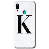 MRCİLETİSİM Huawei P smart 2019 Kılıf HD Desen Baskılı Arka Kapak + Temperli Cam - Beyaz Mermer Desenli K Harfi