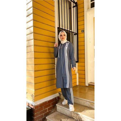 Fermuarlı Kapşonlu Uzun Tunik Pantolon İkili Tesettür Eşofman Takımı - 03077.006 - İndigo