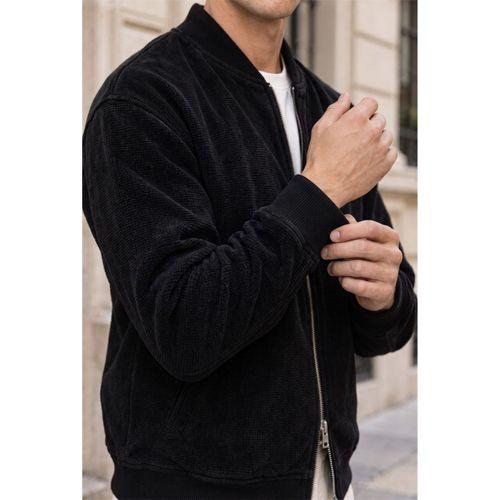 Soho Relaxed Fit Kolej Yaka Petek Dokulu Şönil Fermuarlı Erkek Ceket - Siyah