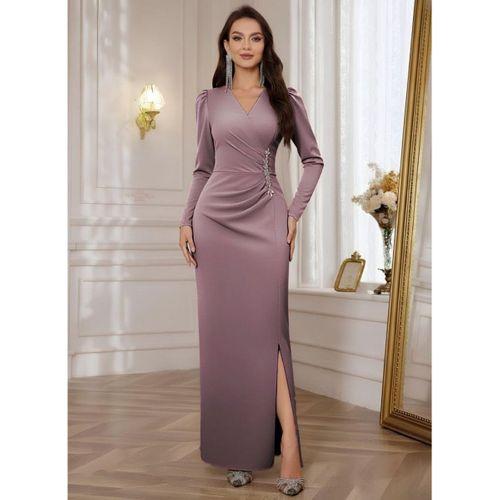 Kadın Uzun Kollu Kruvaze Yakalı Yanları Taşlı Yırtmaçlı Uzun Ithal Krep Elbise