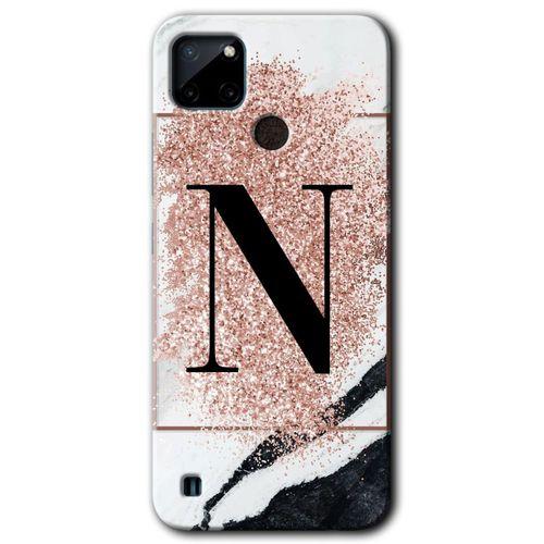Realme C21 Kılıf HD Desen Baskılı Arka Kapak - Pembe Mermer Desenli N Harfi + Kırılmaz Cam