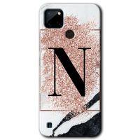 Realme C21 Kılıf HD Desen Baskılı Arka Kapak - Pembe Mermer Desenli N Harfi + Kırılmaz Cam