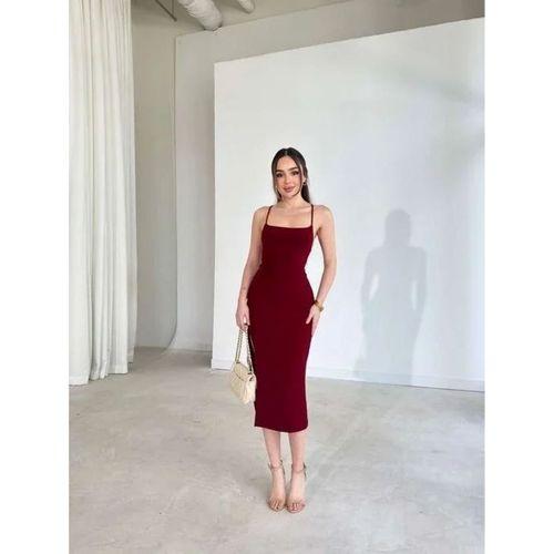 İp Askılı Sırt Dekolteli Bağlama Detaylı Yırtmaçlı Midi Elbise - Bordo