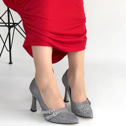 Wenda Gümüş Simli Cilt Topuklu Ayakkabı