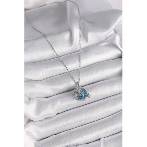 pilelistore 316L Çelik Gümüş Renk Zincir Zirkon Taşlı Mavi Simli Gezegen Figür Yıldız Detay Kadın Kolye - TJ-BKO9578