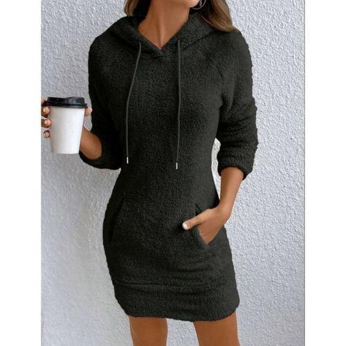 Kadın Uzun Kollu Kapşonlu Cepli Mini Peluş Elbise