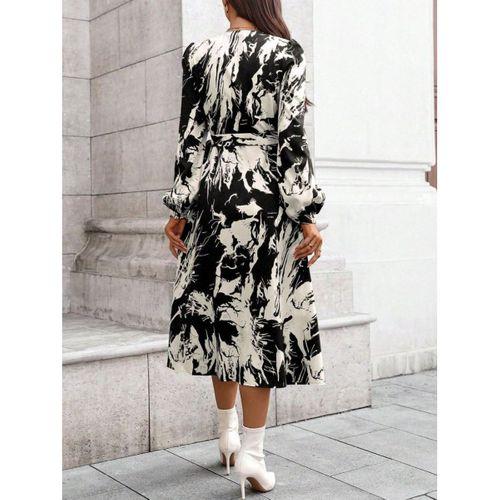 Kadın Uzun Kollu Kruvaze Yakalı Yandan Bağlamalı Desenli Mini Modal Elbise