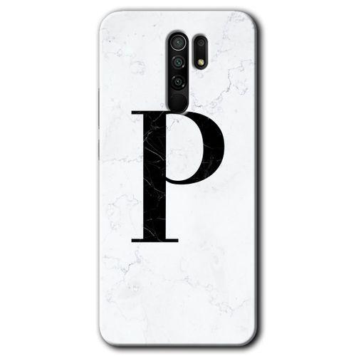 Redmi 9 Kılıf HD Desen Baskılı Arka Kapak - Beyaz Mermer Desenli P Harfi + Kırılmaz Cam