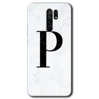 Redmi 9 Kılıf HD Desen Baskılı Arka Kapak - Beyaz Mermer Desenli P Harfi + Kırılmaz Cam
