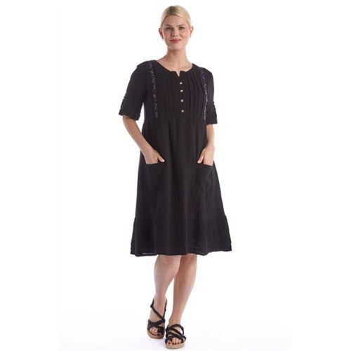 Kısa Kol Siyah Kare Yaka Cep Detaylı Midi Boy Müslin Yazlık Elbise