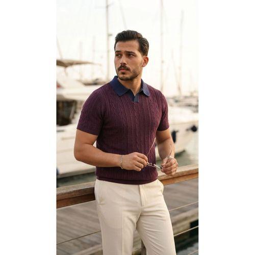 Erkek Desenli Kısa Kollu Triko Tişört - %100 Pamuk Akrilik