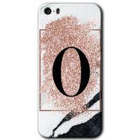 MRCİLETİSİM iPhone 5s Kılıf HD Desen Baskılı Arka Kapak + Temperli Cam - Pembe Mermer Desenli O Harfi