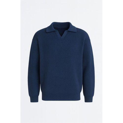 Oversize Gömlek Polo Yaka Selanik Örgülü Erkek Triko Kazak - İndigo