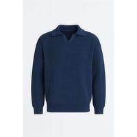 Oversize Gömlek Polo Yaka Selanik Örgülü Erkek Triko Kazak - İndigo