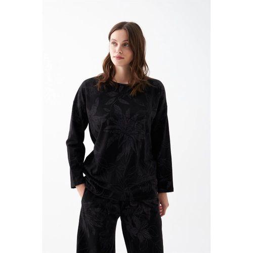 Kadın Oversize Siyah Çiçek Desenli Pamuklu Kalın Pijama Takımı