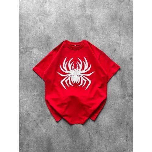 Örümcek Baskılı Tişört Kısa Kollu Bisiklet Yaka T-Shirt - Kırmızı