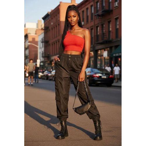 Kadın Kırmızı Fit Görünümlü Tek Omuz Crop Top Büstiyer