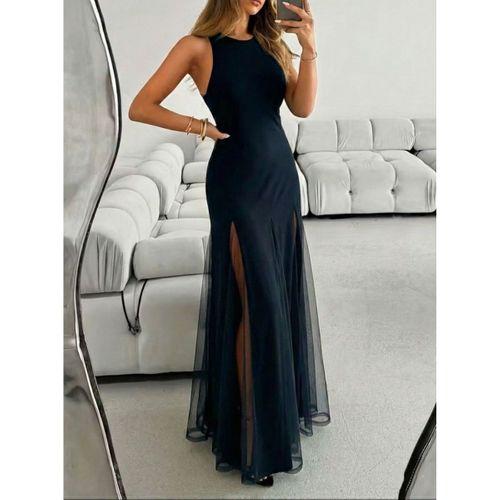 Kadın Askılı Bisiklet Yaka Etek Ucu Tül Detaylı Asimetrik Kiloş Uzun Ithal Krep Elbise