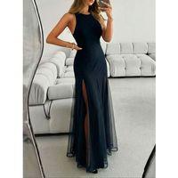 Kadın Askılı Bisiklet Yaka Etek Ucu Tül Detaylı Asimetrik Kiloş Uzun Ithal Krep Elbise