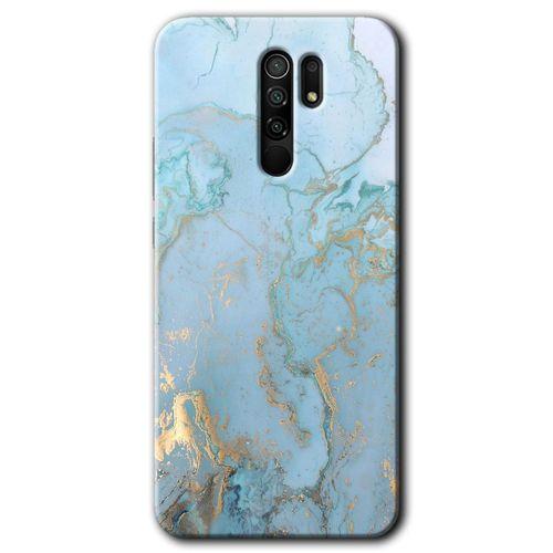 Redmi 9 Kılıf HD Desen Baskılı Arka Kapak - Mavi Gold Mermer + Kırılmaz Cam