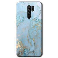 Redmi 9 Kılıf HD Desen Baskılı Arka Kapak - Mavi Gold Mermer + Kırılmaz Cam