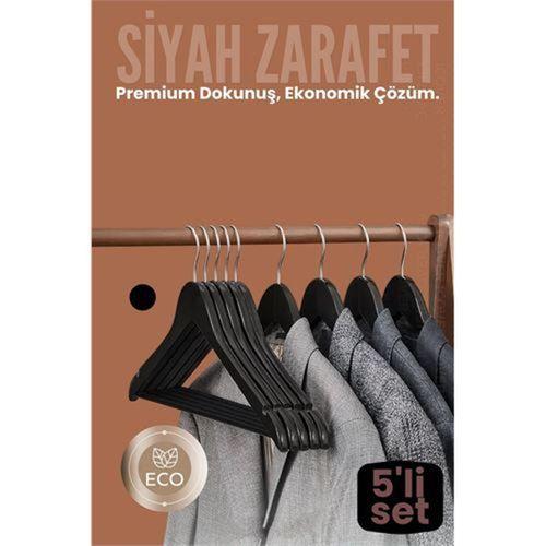 5'li Lüks Siyah Elbise Ceket Askısı - Ergonomik & Kaymaz Plastik Askı Seti -  Ahşap Görünümlü