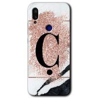 Xiaomi Redmi Note 7 Kılıf Baskılı Kapak - Pembe Mermer Desenli Ç Harfi + 5D Tam Kaplayan Cam