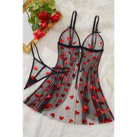 Kalp Desenli Siyah Transparan Gecelik