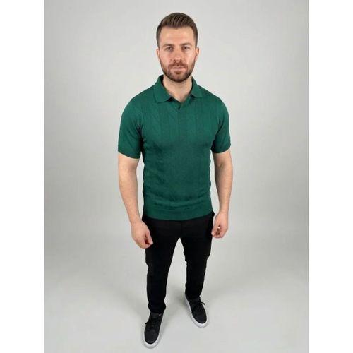 Erkek Yazlık Triko Dokuma Tişört Kısa Kol Polo Yaka T-Shirt - Koyu Yeşil