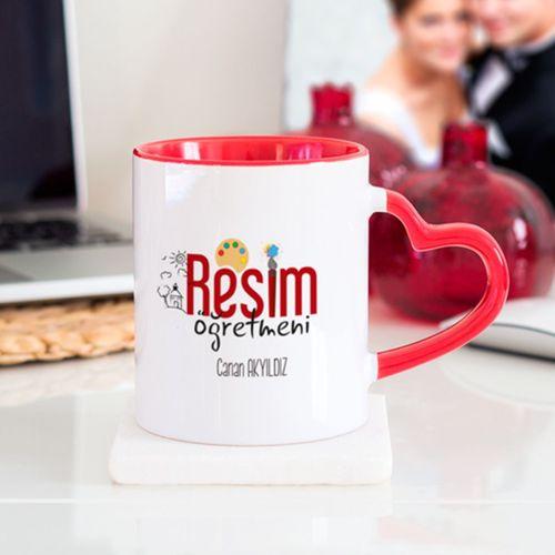 Kişiye Özel Resim Öğretmeni Kalpli Kupa Bardak - Kırmızı