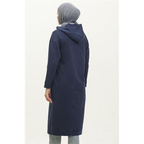 Atlas Kapşonlu Uzun Sade Basic Sweatshirt - 03007.006 - İndigo