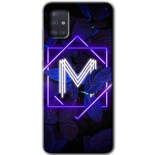 MRCİLETİSİM Samsung Galaxy A51 Kılıf Baskılı Kapak - Dark Neon Yaprak M Harfi + 5D Tam Kaplayan Cam