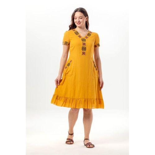 Kısa Kol Feyza V Yaka Çift Cepli Bağlamalı Yazlık Kısa Vual Elbise Hardal Hrd