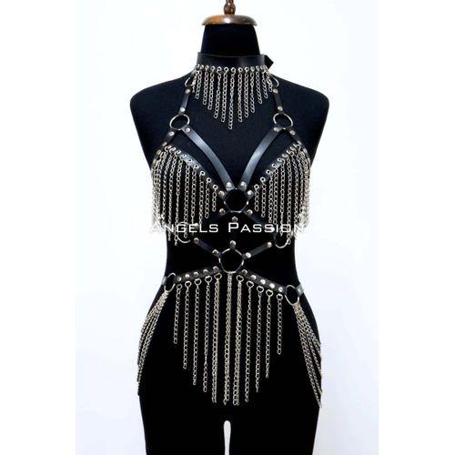 Deri ve Zincir Detaylı Harness Takım, Deri Dansçı Kostüm, Choker Detaylı Deri Harness