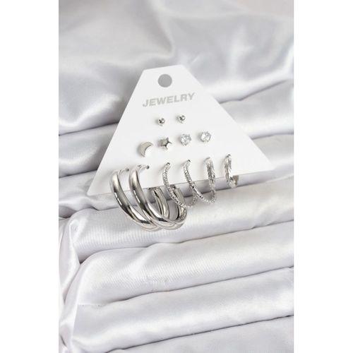 Pirinç Gümüş Renk Halka Modelli 6 Çift Kadın Küpe