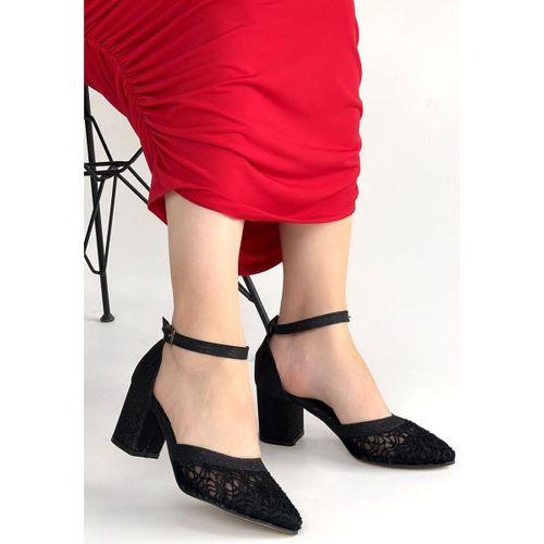 Dmop Siyah Cilt Simli Tül Detaylı Topuklu Ayakkabı