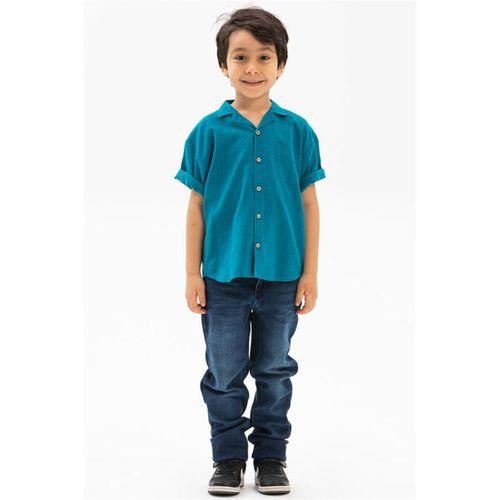 Kısa Kol Şile Bezi Tek Cepli Erkek Yazlık Çocuk Gömlek Petrol 3053