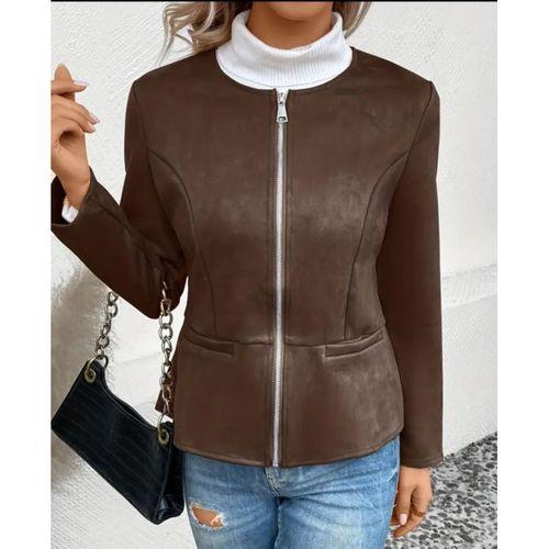 Kadın Uzun Kollu Yuvarlak Yaka önden Fermuarlı Süet Ceket