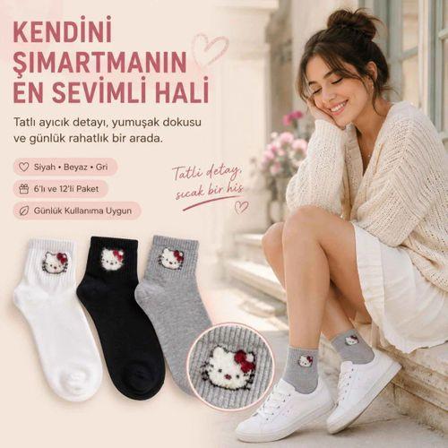 Kadın Sevimli Kedi Desenli Bilek Çorap 12'lı | %80 Pamuklu Dikişsiz, Siyah Beyaz Gri