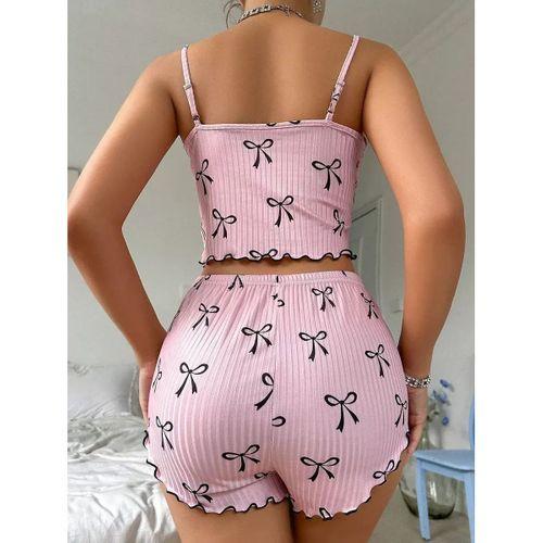 Pembe Fiyonklu Askılı Şortlu Kadın Pijama Takımı, Yumuşak Kumaş, Şık Detaylar,yazlık Kadın Pijama