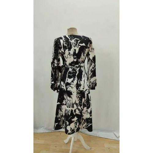 Kadın Uzun Kollu Kruvaze Yakalı Yandan Bağlamalı Desenli Mini Modal Elbise