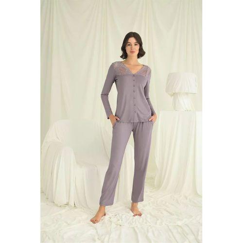Yakası Kolu Ve Omzu Dantelli Boydan Düğmeli Pijama Takımı