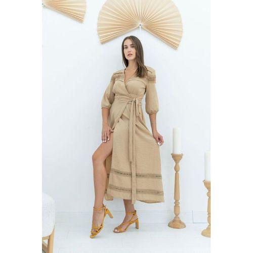 Vizon Dantel Detay Keten Elbise