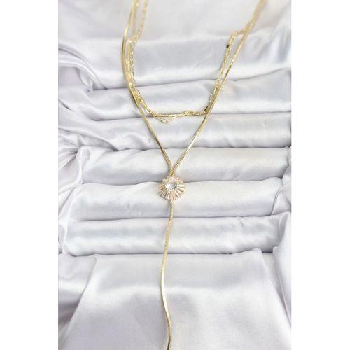 Pirinç Gold Renk Zirkon Taşlı Papatya Model Detaylı 3'lü Kombin Y Kadın Kolye