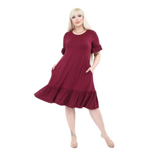 Melsay Butik Kolları Taş Baskılı Fırfırlı Kısa Kollu Bordo Kadın Midi Elbise