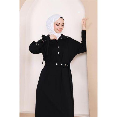 Belden Bağlamalı Çıtçıtlı Kol Şerit Detaylı Uzun Elbise - 71183.003 - Siyah