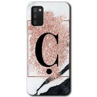 Samsung Galaxy A02s Kılıf Baskılı Kapak - Pembe Mermer Desenli Ç Harfi +Tam Ekran Koruyucu