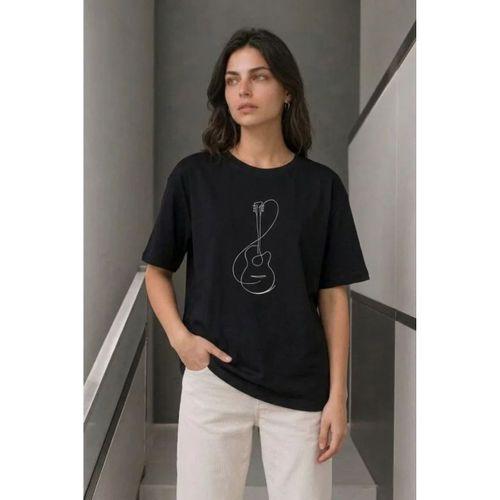 Minimal Gitar Baskılı Tişört T-Shirt Yazlık Kısa Kol Bisiklet Yaka T-Shirt - Siyah
